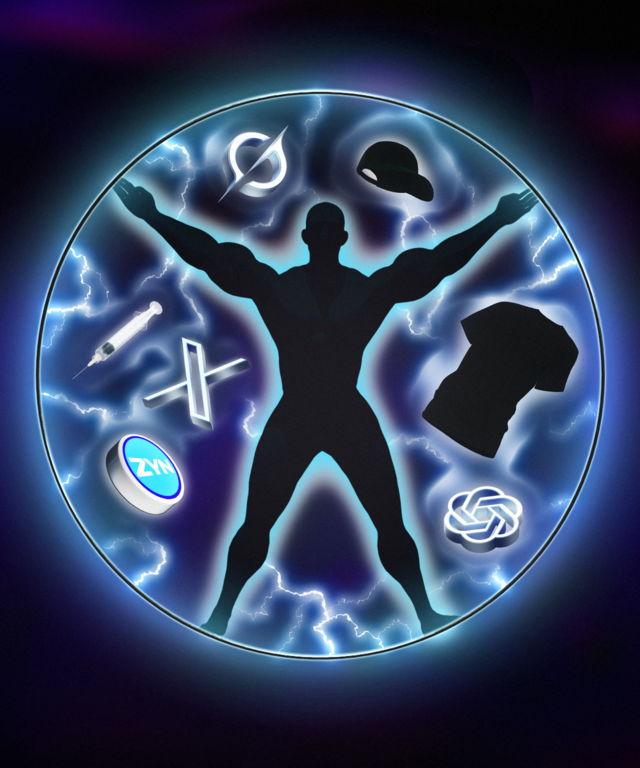 A muscular silhouette stands with arms outstretched inside a glowing circle with lightning, surrounded by icons including a syringe, hat, shirt, and various symbols.